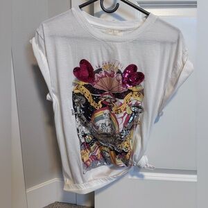White Graphic Tee with Sequin Hearts medium